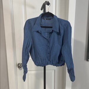 Zara - Blue Silky Polyester Button Down Elastic long Sleeve Shirt Size Small